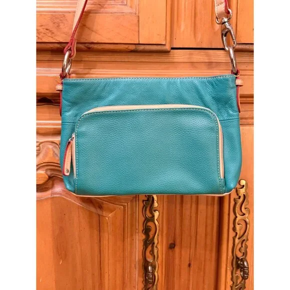 Tignanello Turquoise & Beige Pebbled Leather Convertible Bag w Front Pocket Adj - Picture 4 of 13